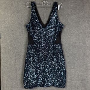 Bebe Dress Women Medium Blue Sequin with Mesh Cutouts Bodycon Lined Stretch Y2K
